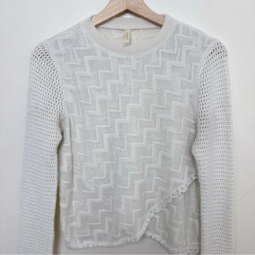 Free People Womens Medium Ivory Crochet Semi Sheer Long Sleeve Boxy